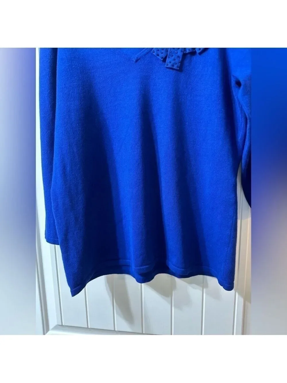 Blue Scooped V neck 3/4 Sleeve Sweater Beaded appliqué type design front left